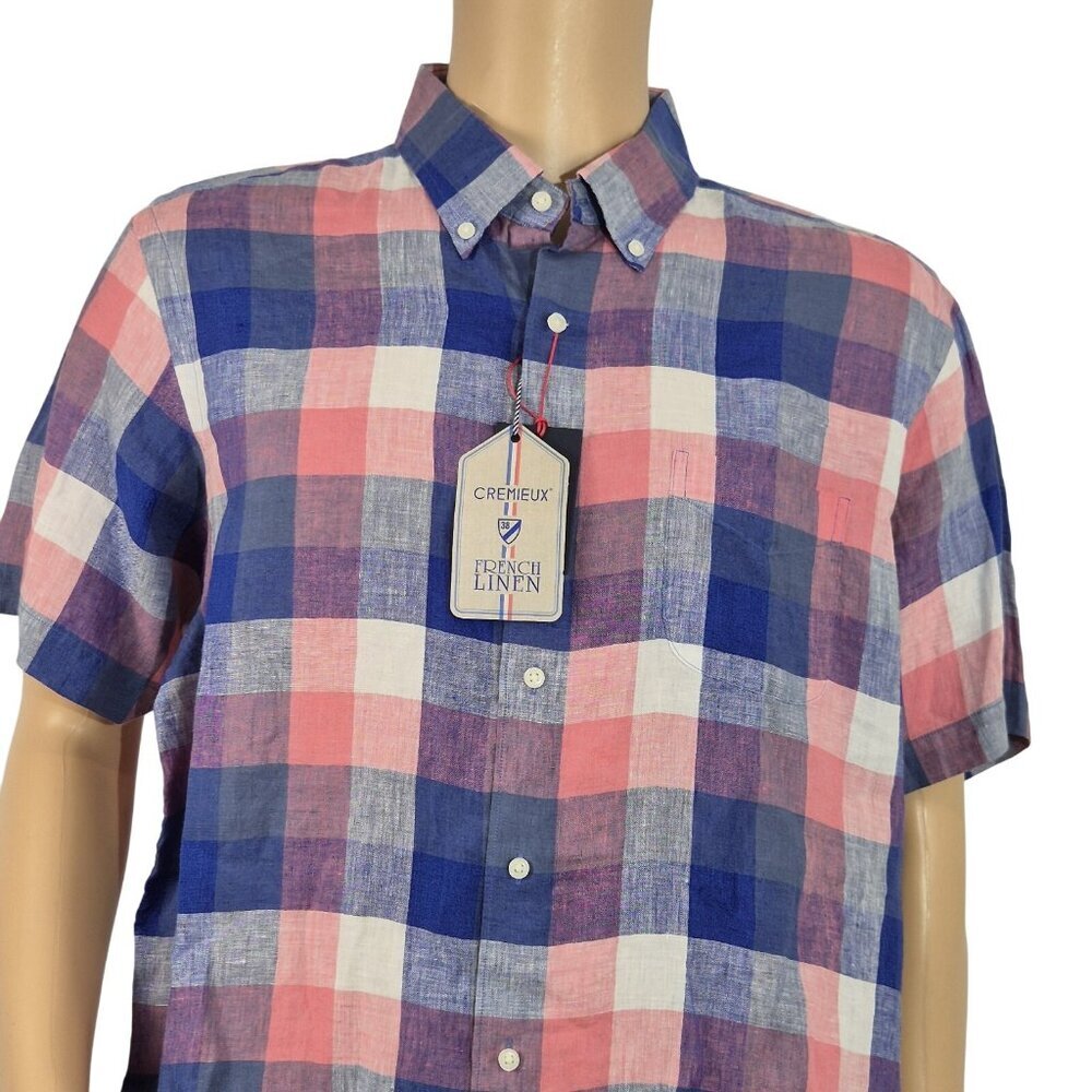Cremieux Classics Men's Shirt Size XL French Linen Short Sleeve Plaid Pink (56